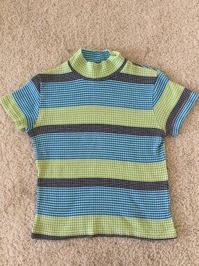 Short Sleeve Striped Mock Neck Top in Lime Green & Blue